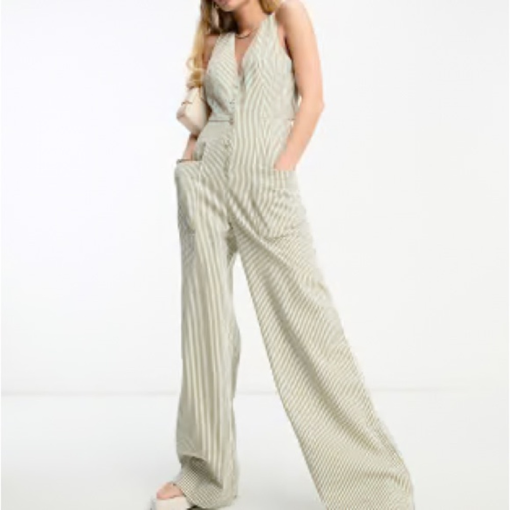 ASOS Cream Wide-Leg Jumpsuit with V-Neckline